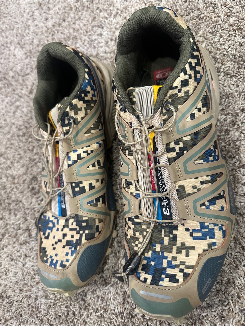 13.5 Salomon XA Pro 3D Trail Shoes - Beige, Blue, Black Camo
